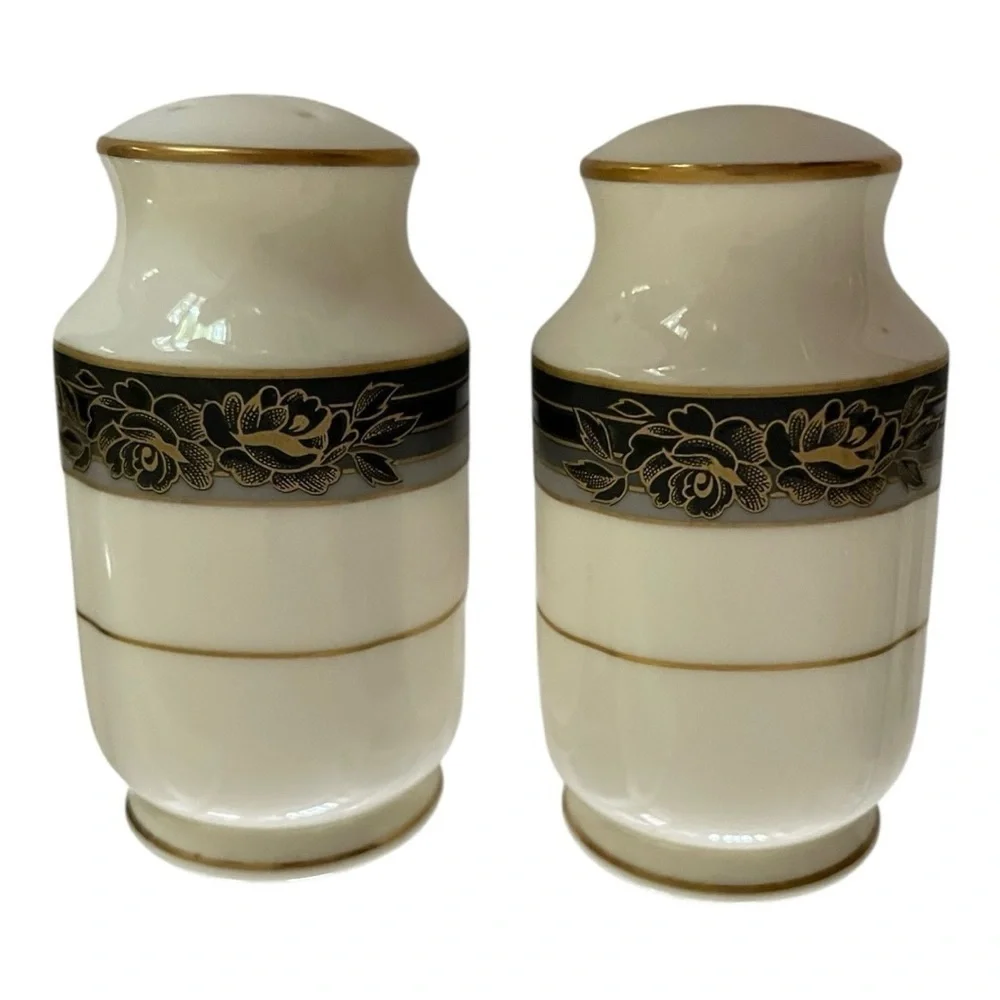 Noritake Salt & Pepper Shakers, Spell Binder, Gray, Black, Gold Stripe, Roses.